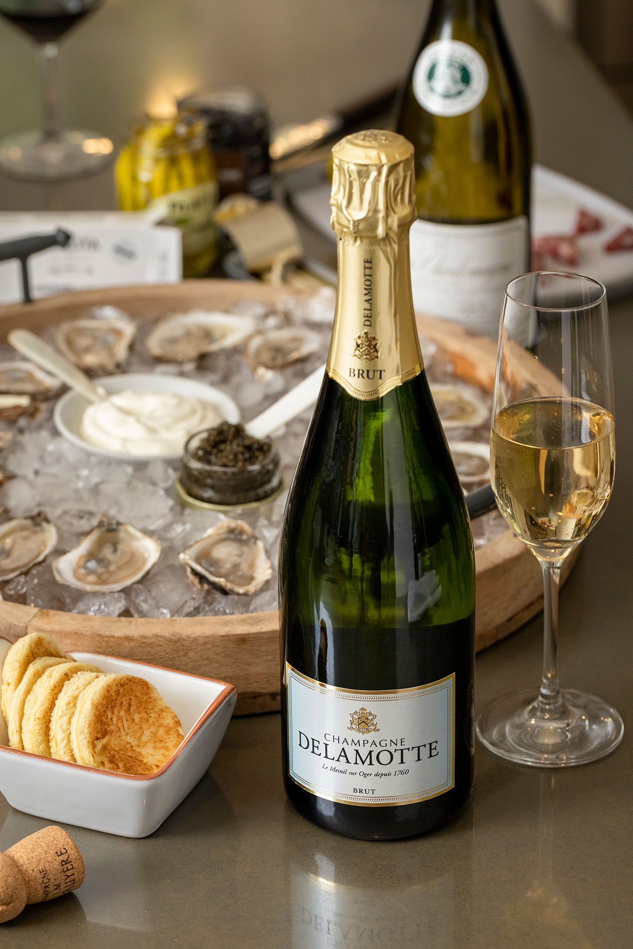 Champagne Delamotte Brut with Oysters - Food & Wine Photography by Frank Gutierrez